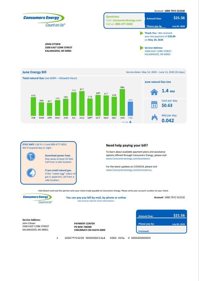 USA Michigan Consumers Energy utility bill template in Word and PDF format